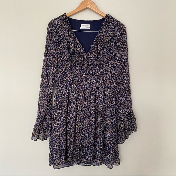UO Blue Floral Tiered V-Neck Long Sleeve Mini Dress - Picture 9 of 11